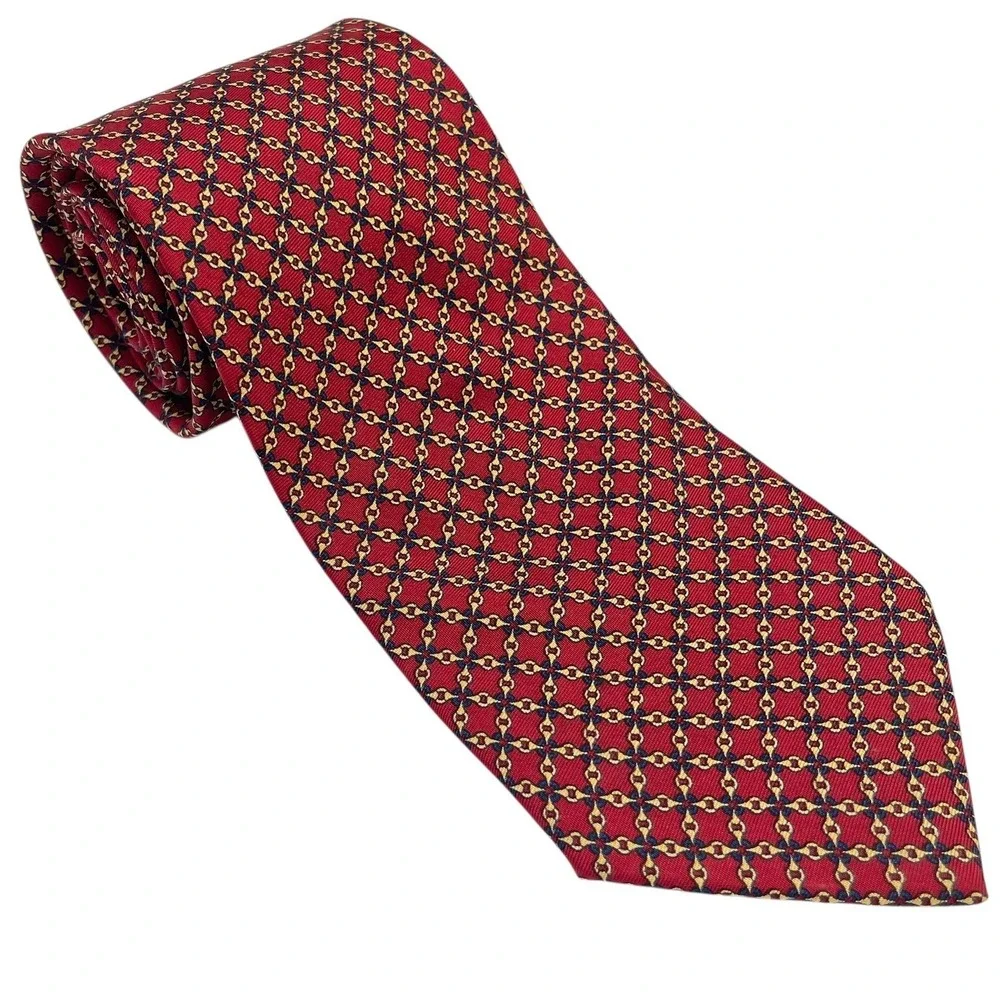 VTG Brooks Brothers Makers Silk Tie Geometric Mini Pattern Chains Red Preppy USA